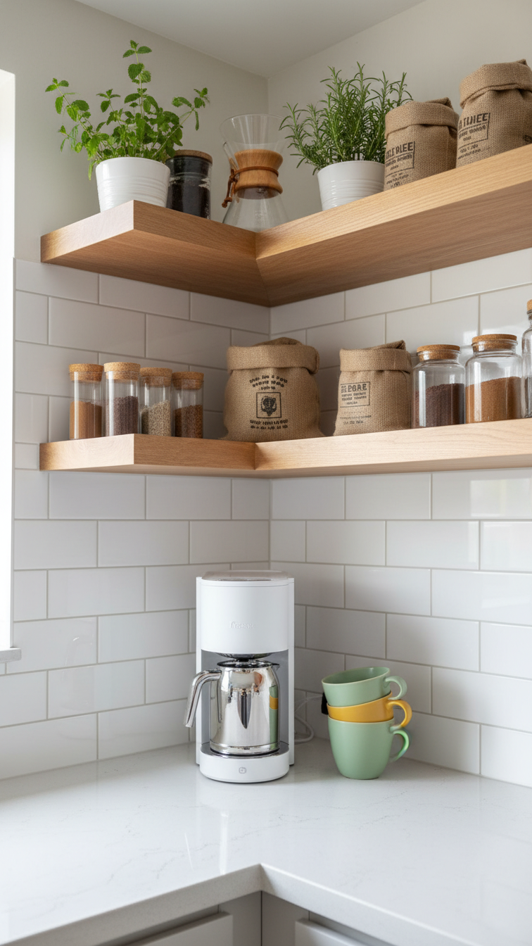 Clever corner coffee nook with custom L-shaped floating shelves maximizing kitchen space efficiently