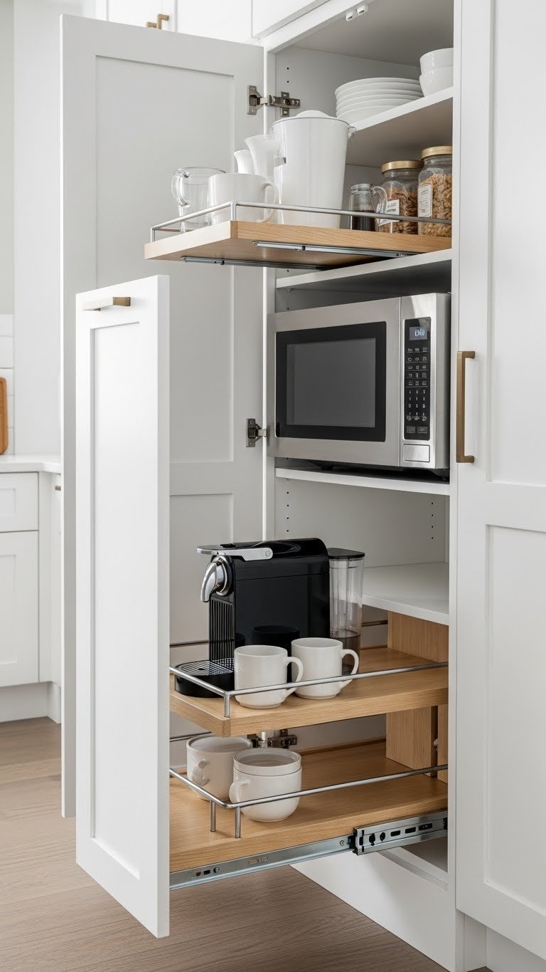 Clever pantry pull-out coffee station with hidden compact microwave and organized storage solutions