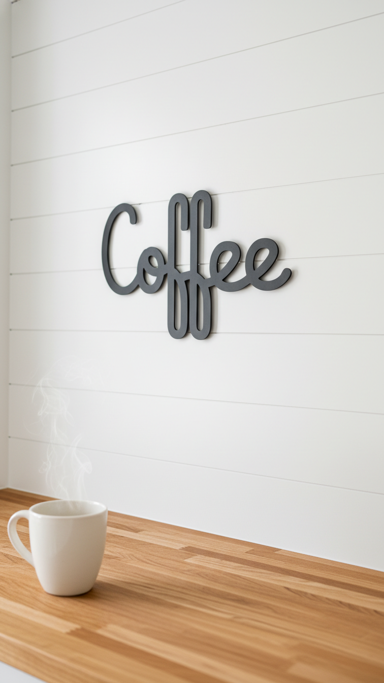 Close-up detail of white shiplap accent wall with black metal coffee sign hanging above warm butcher block countertop