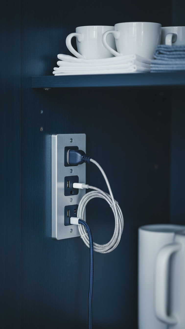 Close-up macro detail of recessed power strip with USB ports installed in coffee bar cabinet with braided power cord