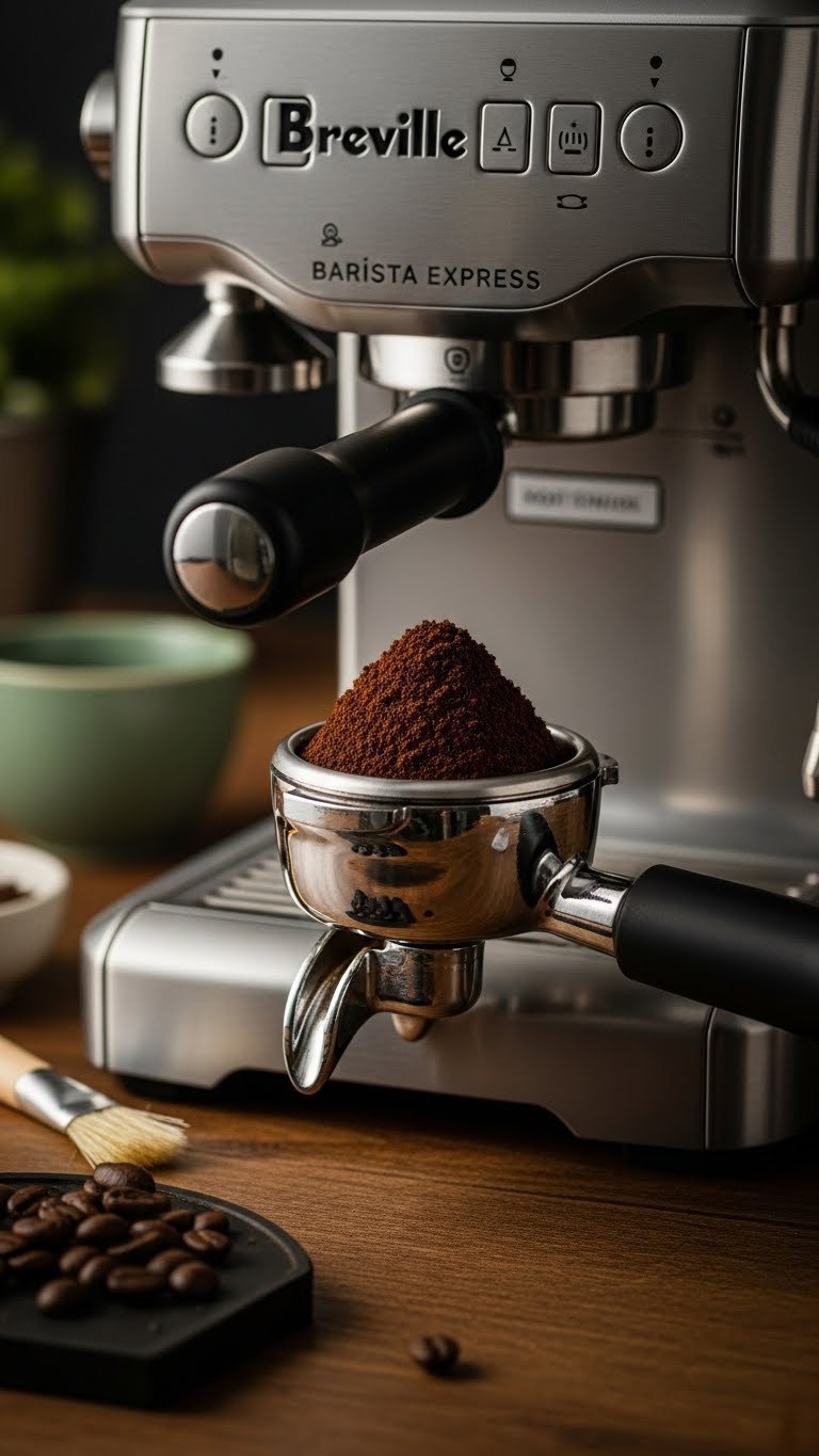 Close-up macro shot of dark coffee grounds dispensing into portafilter from Breville Barista Express grinder