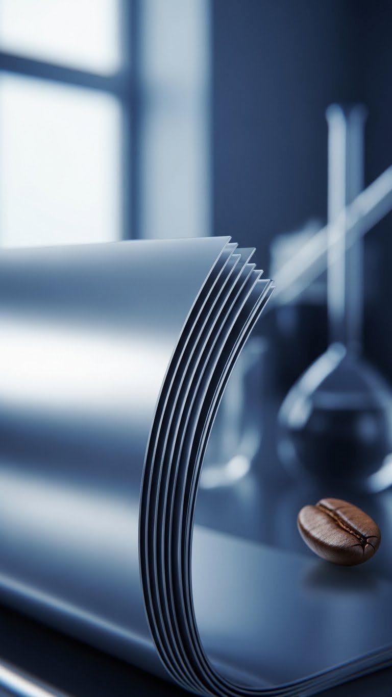 Close-up macro shot of metallic high-barrier coffee packaging film layers with subtle cross-section detail against soft laboratory background