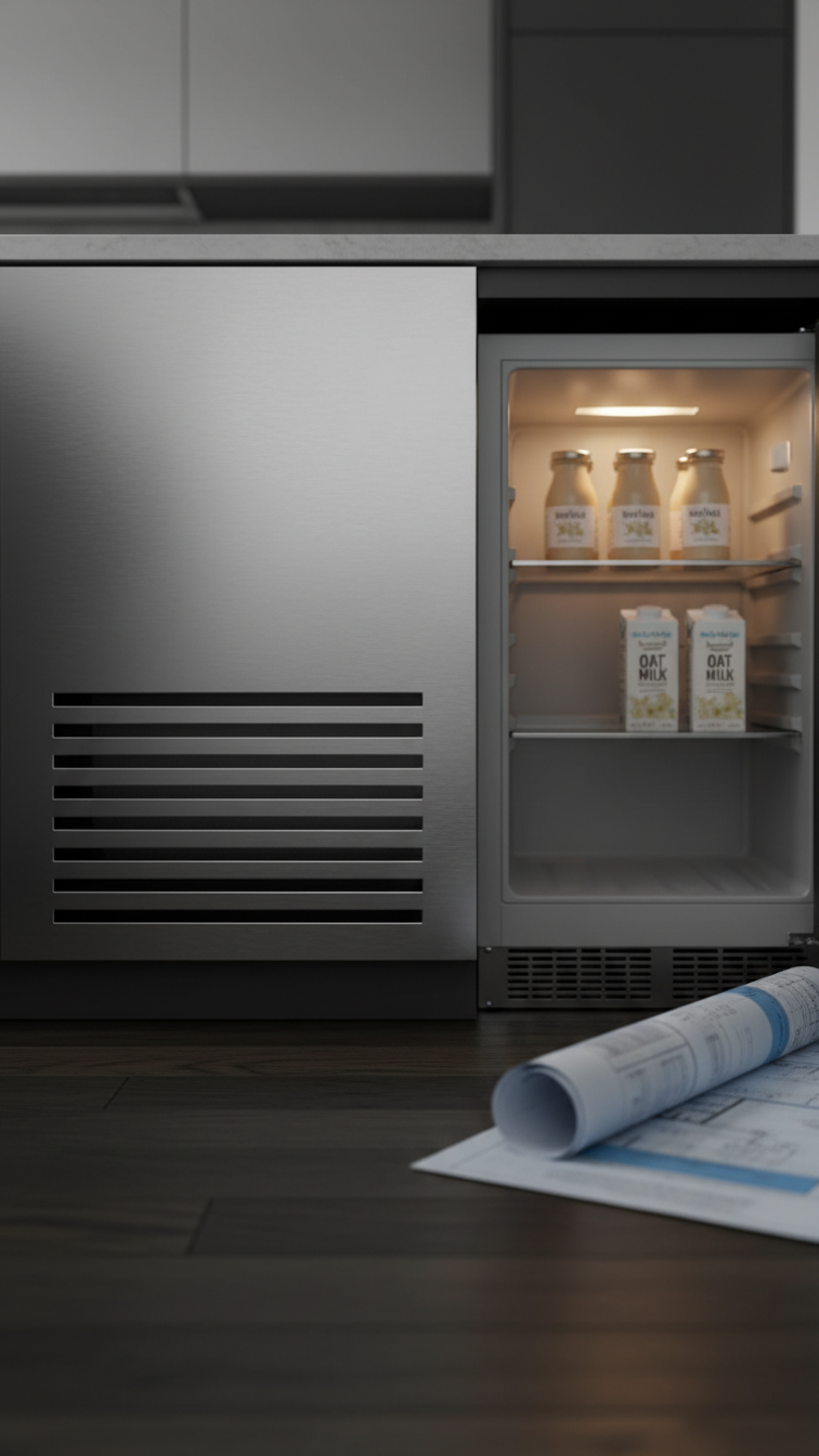 Close-up macro shot of stainless steel mini fridge vent grille with door slightly ajar showing organized creamer bottles