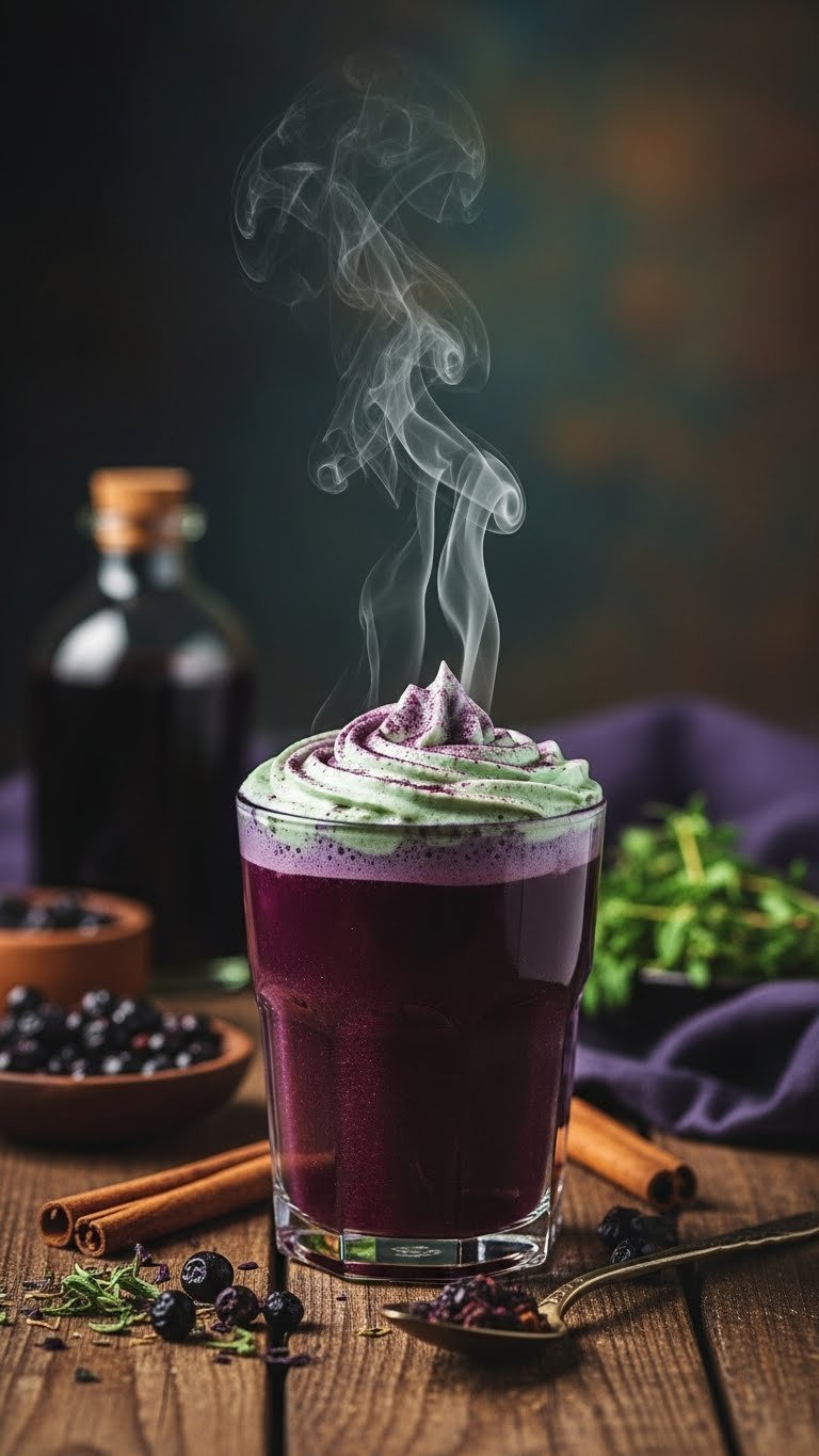 Close-up of Witch's Brew coffee with purple berry hue and green-tinted foam on rustic wooden table with dried herbs and mystical lighting