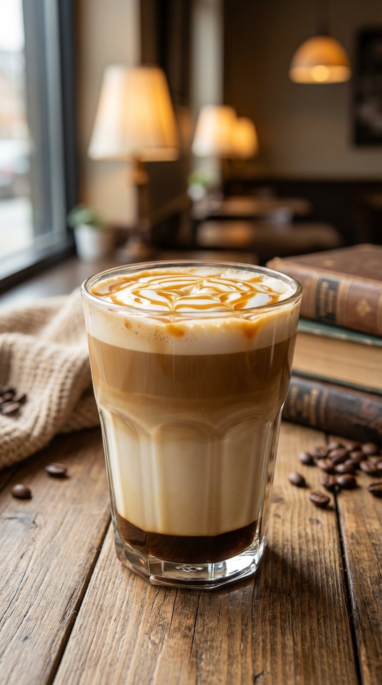 Close-up of a classic caramel swirl latte in clear glass showing espresso layers with caramel drizzle on rustic wooden table