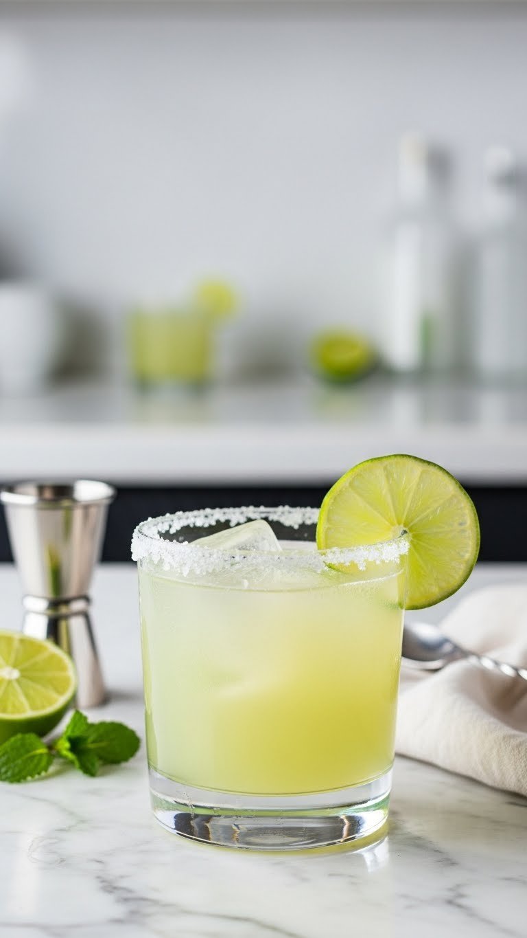 Close-up of a classic margarita cocktail with frosted salt rim, vibrant green-yellow liquid, and fresh lime wheel garnish on marble countertop