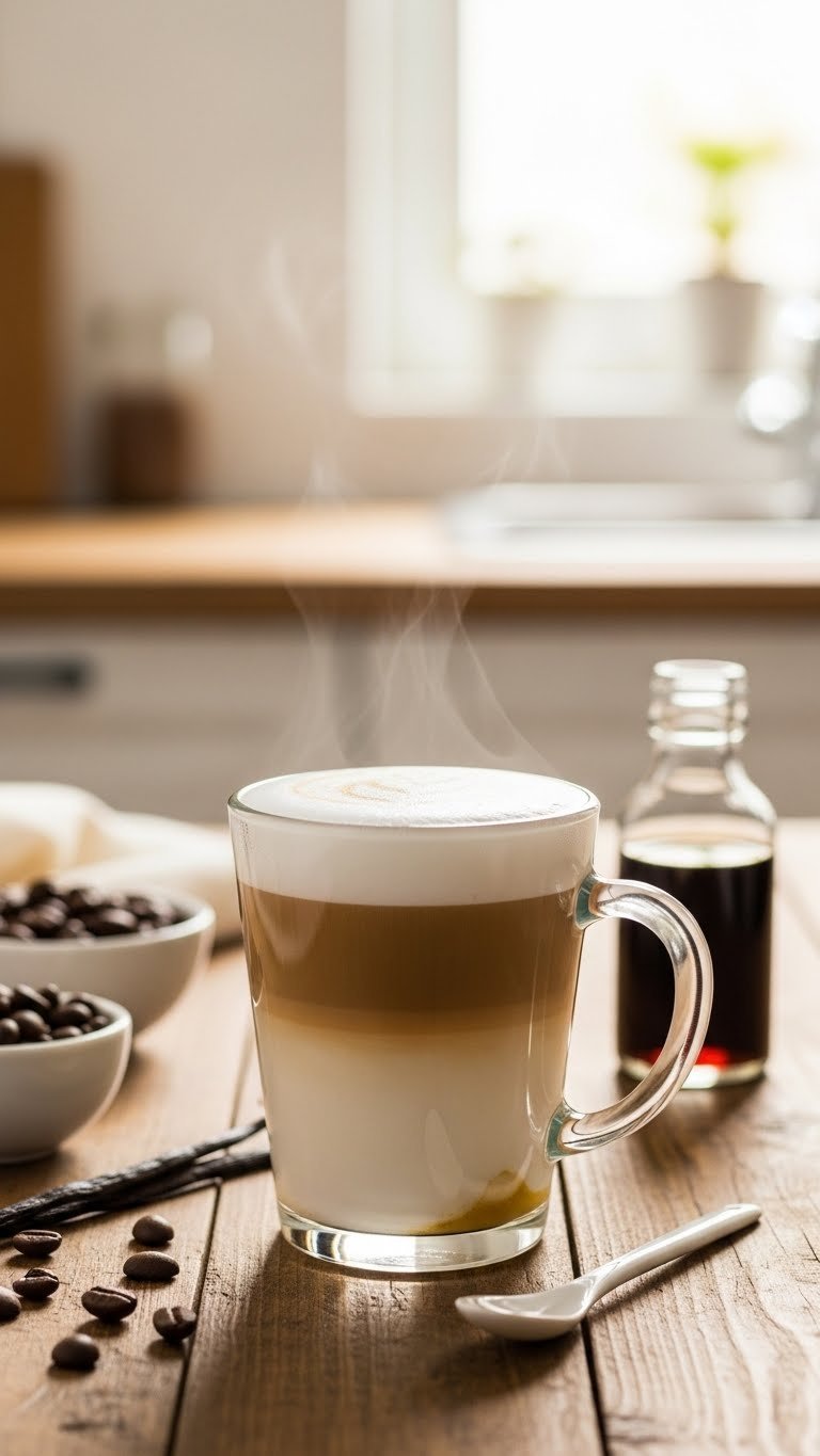 Close-up of a classic vanilla latte in clear glass mug with creamy layers, vanilla bean paste, and coffee beans on rustic wooden table.