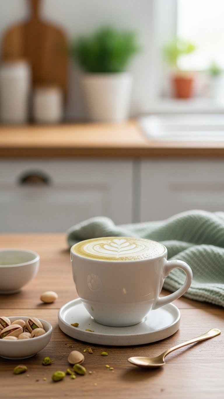 Close-up of a creamy pistachio coffee cup with green hues and foam top on a rustic wooden table with pistachios and coffee spoon