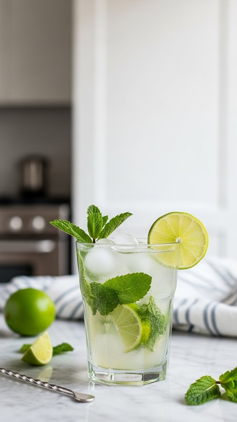 Close-up of a refreshing Virgin Mojito mocktail with fresh mint leaves and lime wedges in a highball glass on marble countertop