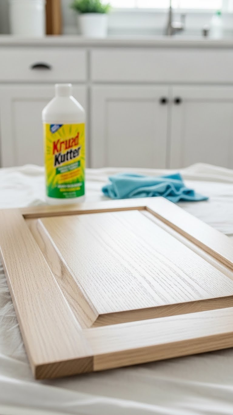 Close-up of clean kitchen cabinet door ready for gel stain application with degreased wood surface and soft bokeh background