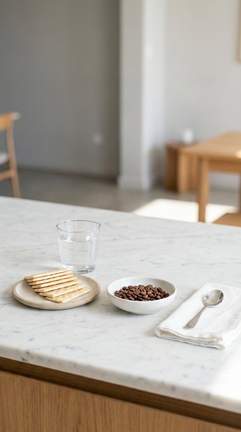 Coffee Flavor Wheel Ultimate Guide for Master Coffee Tasting 1 Close-up of freshly roasted coffee beans with water glass and crackers arranged on marble countertop for sensory evaluation in minimalist tasting setup.