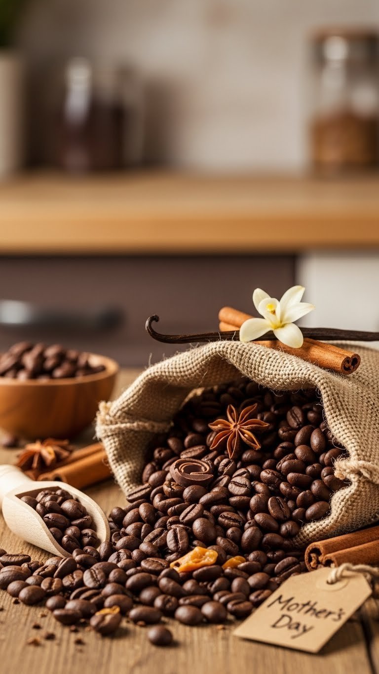 Close-up of gourmet flavored coffee beans overflowing from a rustic burlap sack with chocolate curls and cinnamon sticks on a wooden table.