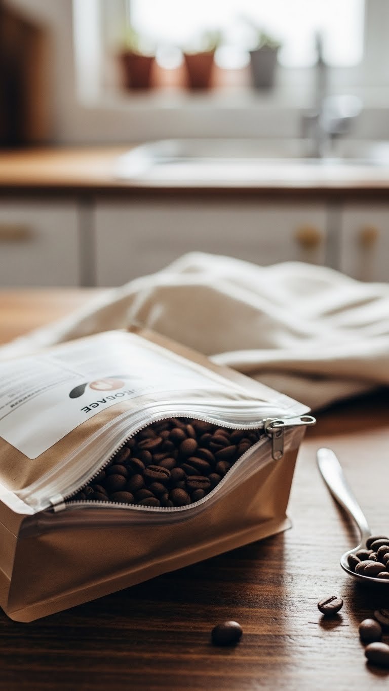 Close-up of half-opened coffee pouch with resealable zipper closure revealing roasted beans on rustic wooden kitchen counter