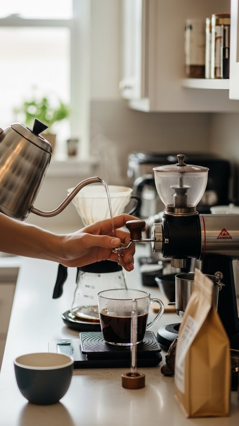 Close-up of hand adjusting coffee grinder with water pouring in background for troubleshooting coffee taste