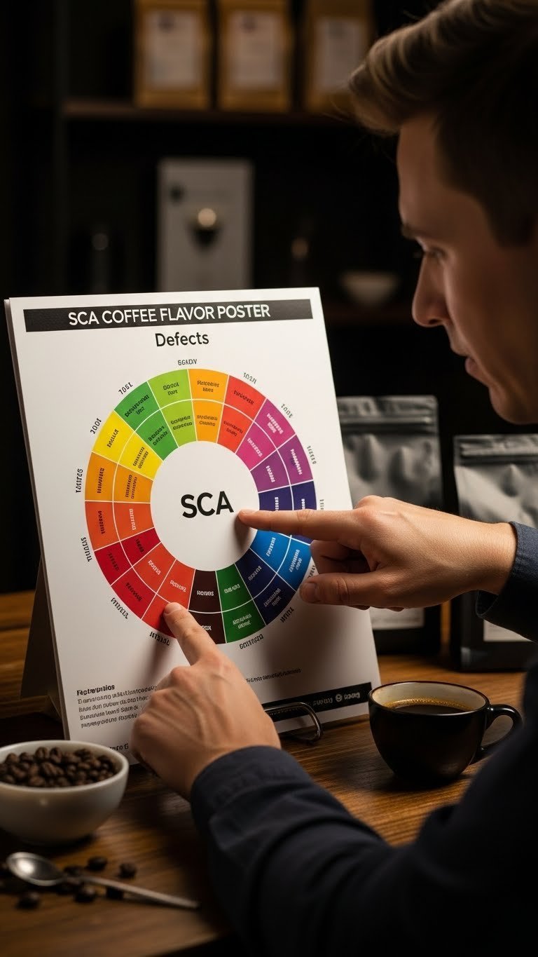 Close-up of hand pointing at defects section on SCA Flavor Wheel with questionable coffee cup on dark wooden table