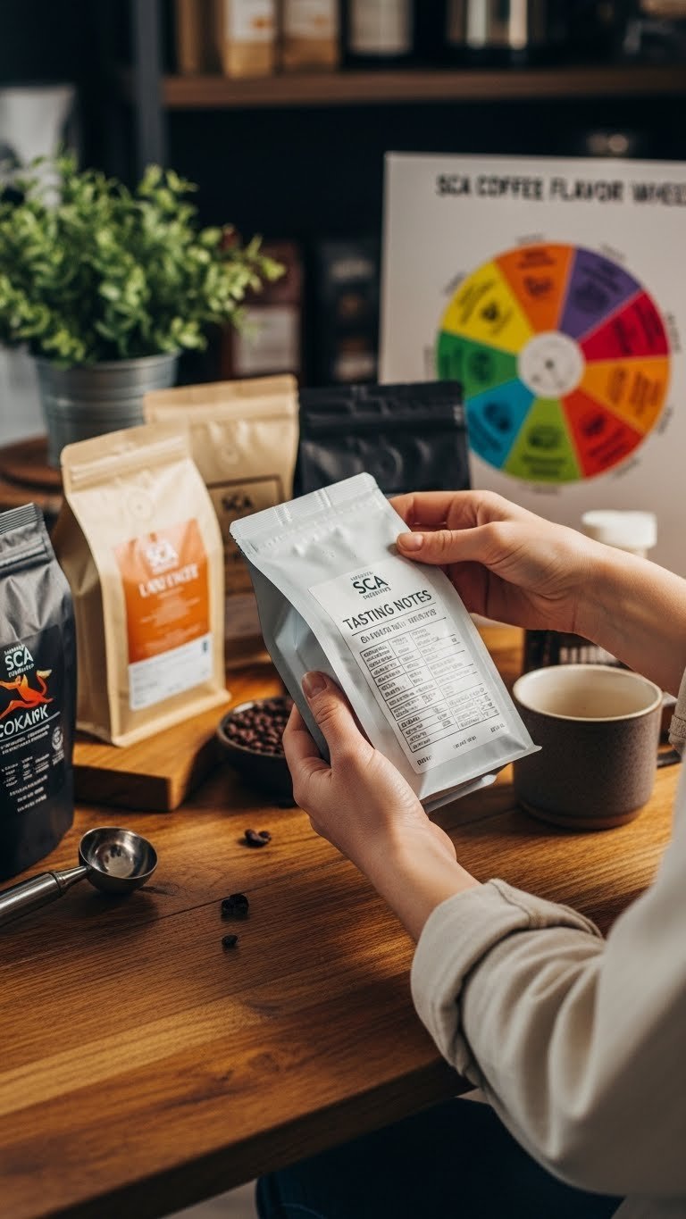 Close-up of hands holding specialty coffee bag with tasting notes and SCA Flavor Wheel poster in blurred background