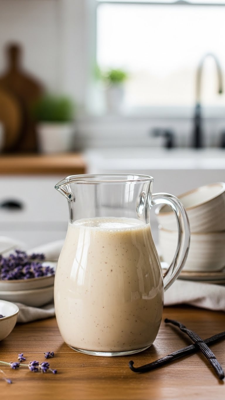 Close-up of homemade vanilla bean coffee creamer in glass carafe with visible vanilla flecks on rustic wooden table
