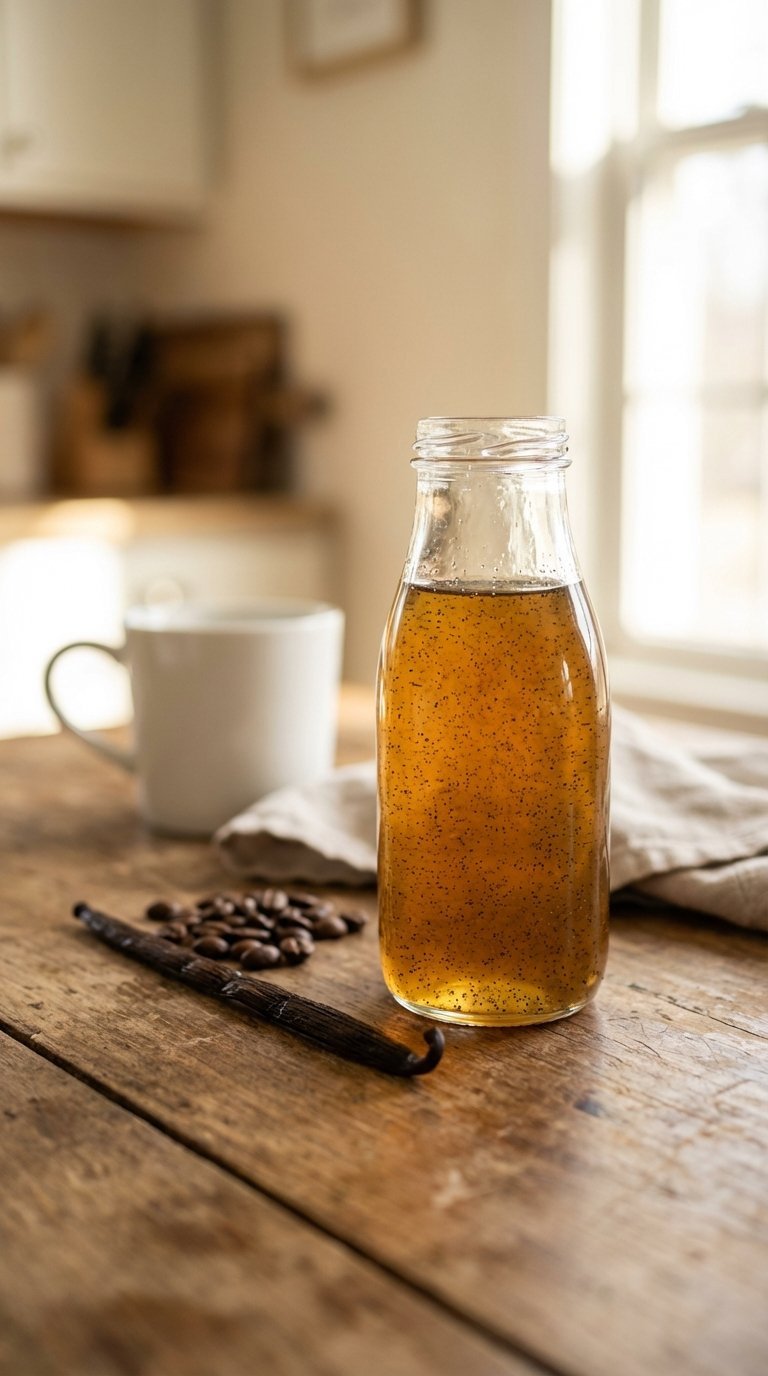 Close-up of homemade vanilla bean syrup in glass bottle with visible vanilla flecks on rustic wooden table with vanilla pod and coffee beans.