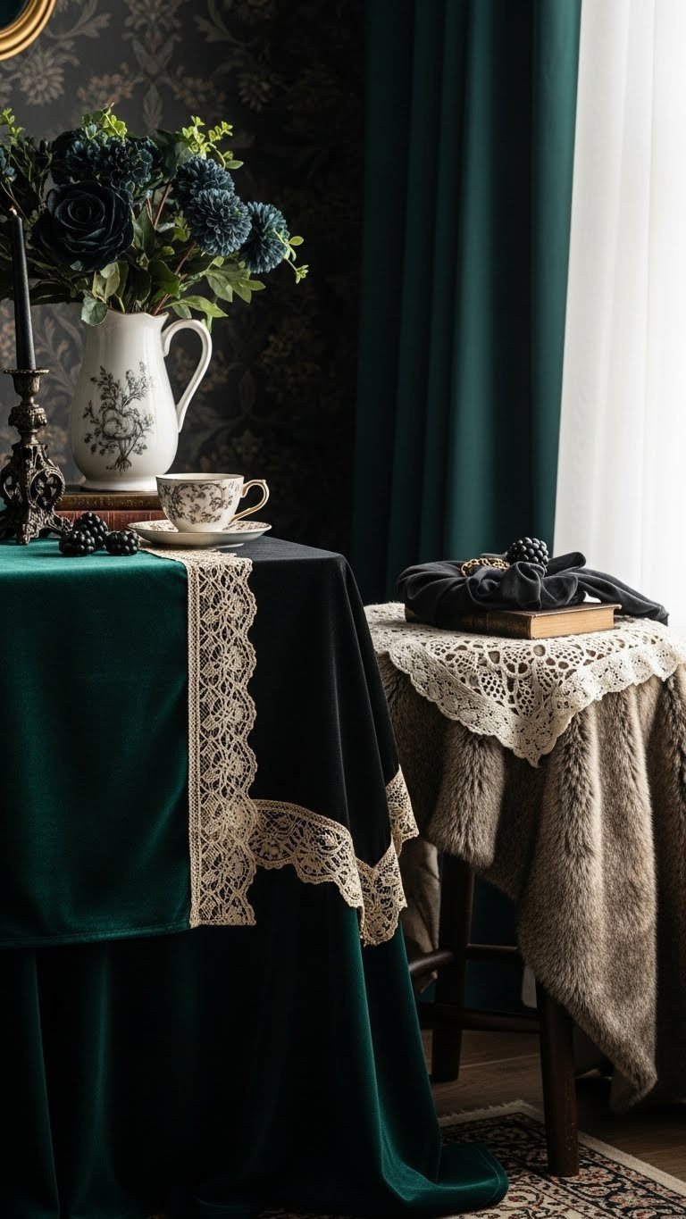Close-up of luxurious textures in gothic coffee bar with velvet tablecloth, lace trim, and faux fur throw on dark wood