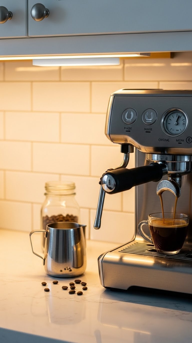Close-up of modern coffee machine brewing espresso on white quartz countertop with LED under-cabinet lighting and coffee accessories