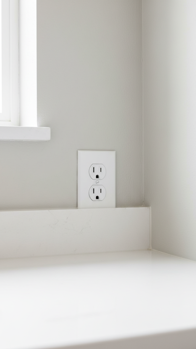 Close-up of professionally installed white GFCI electrical outlet on light gray pantry wall above countertop