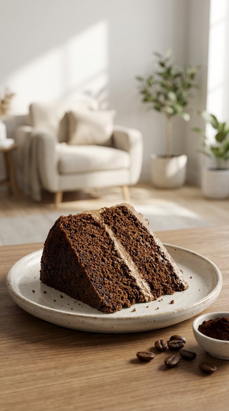 Close-up of rich coffee flavored cake slice on vintage ceramic plate with espresso powder and coffee beans in soft natural light