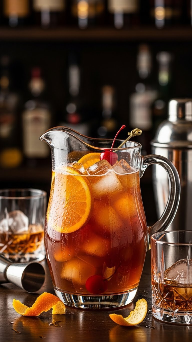 Close-up of sophisticated whiskey sour batch cocktail in elegant pitcher with orange slices and maraschino cherries