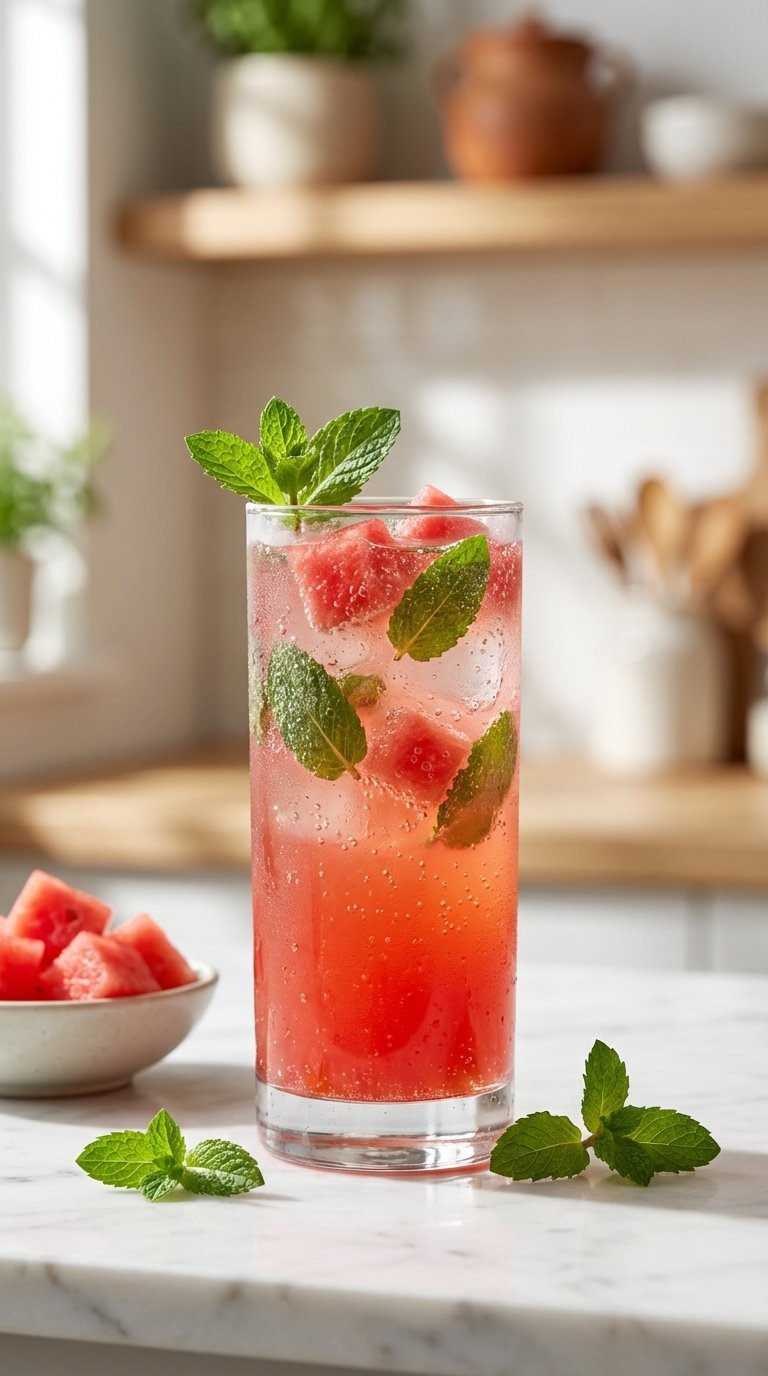 Ultimate BBQ Drink Ideas: 9 Proven Non-Alcoholic Recipes 1 Close-up of sparkling watermelon mint refresher in tall glass with fresh mint leaves and condensation on marble countertop