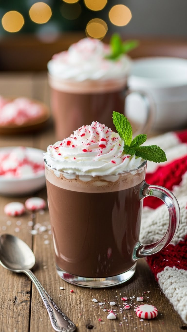 Close-up of steaming mug with rich dark hot chocolate topped with whipped cream, crushed candy canes, and mint sprig on rustic wooden table