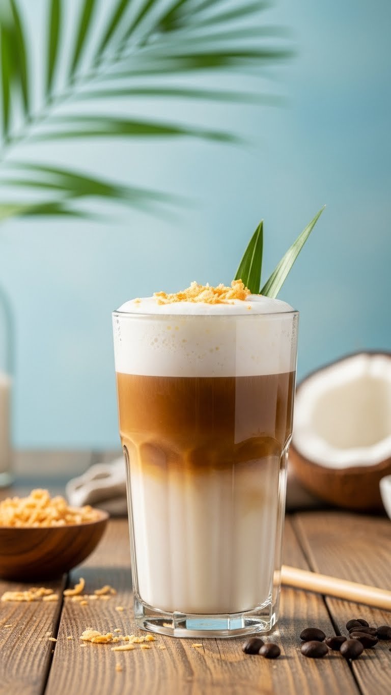 Close-up of tropical coconut cold brew latte with creamy coconut milk foam and toasted coconut flakes on rustic wooden table