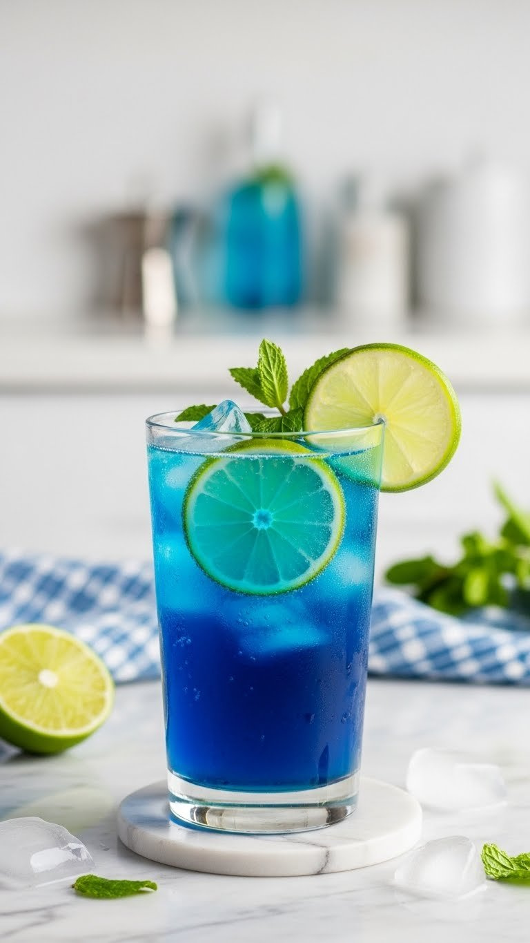 Close-up of vibrant Blue Lotus energy drink with lime slices and mint sprig in tall glass on marble countertop