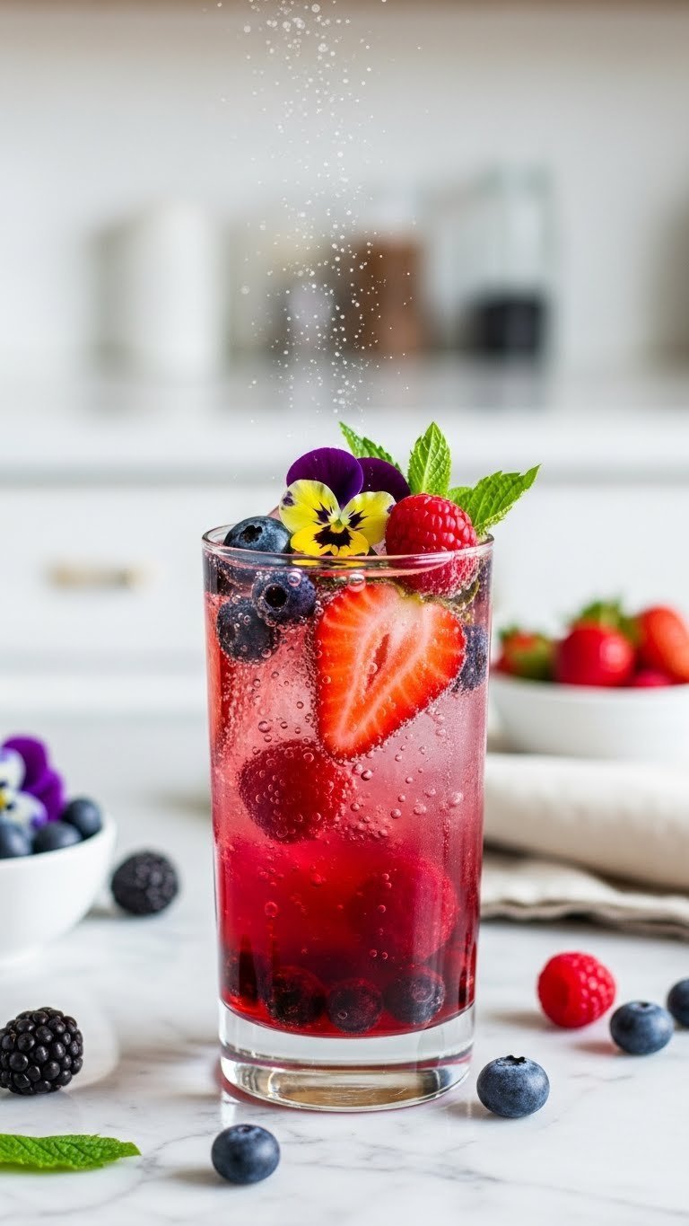 Close-up of vibrant Sparkling Berry Fizz mocktail with mixed berries and edible flowers in tall glass on marble countertop