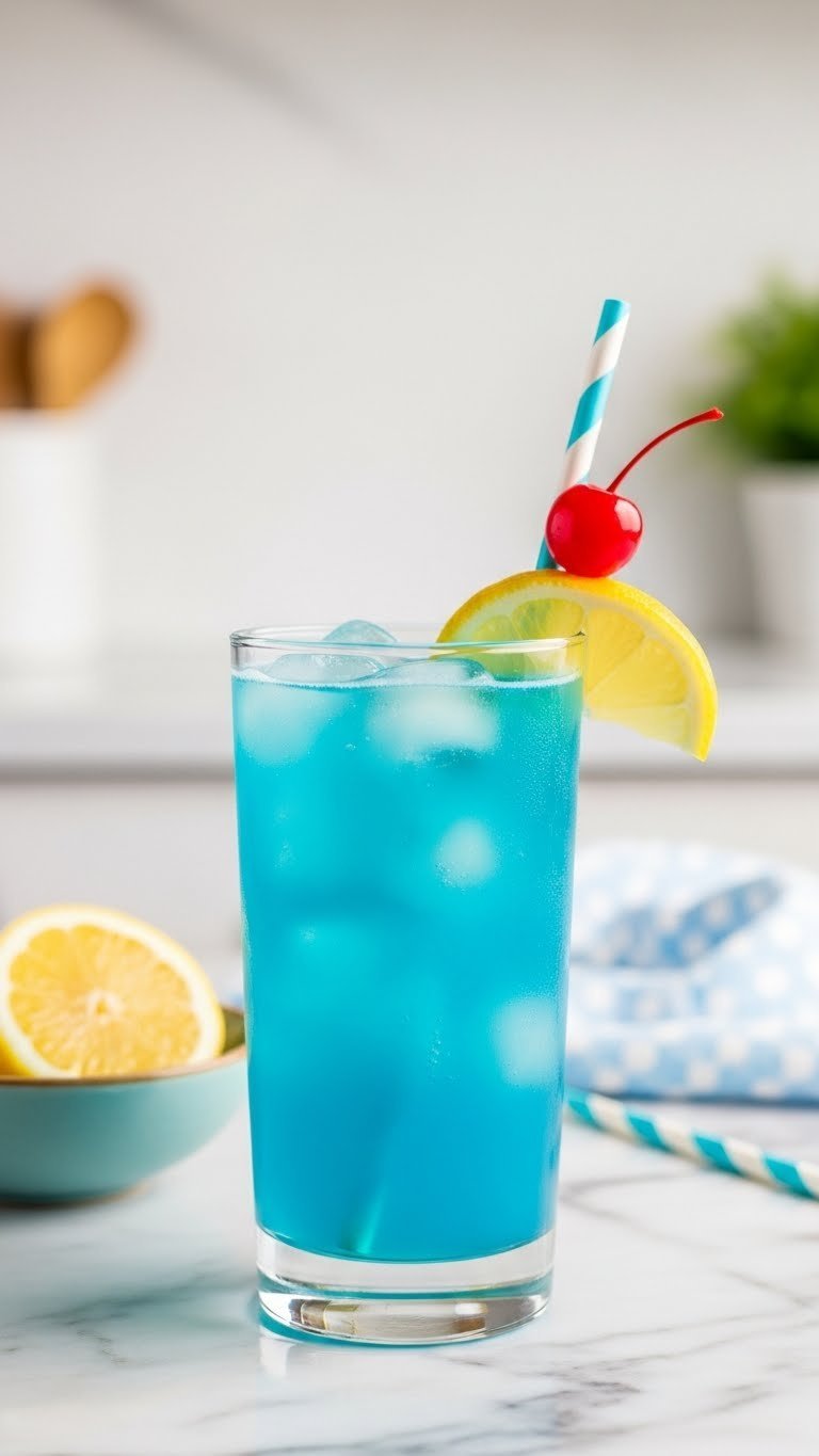 Close-up of vibrant blue lagoon mocktail with lemon slice and cherry garnish on marble countertop