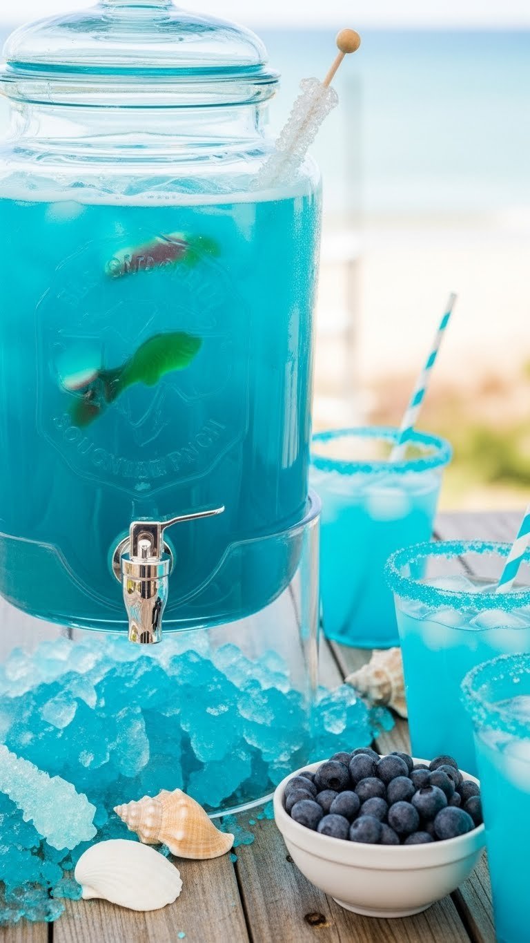 Close-up of vibrant blue ocean water punch in glass dispenser with gummy fish, rock candy swizzle sticks, and sherbet swirls on rustic wooden table.