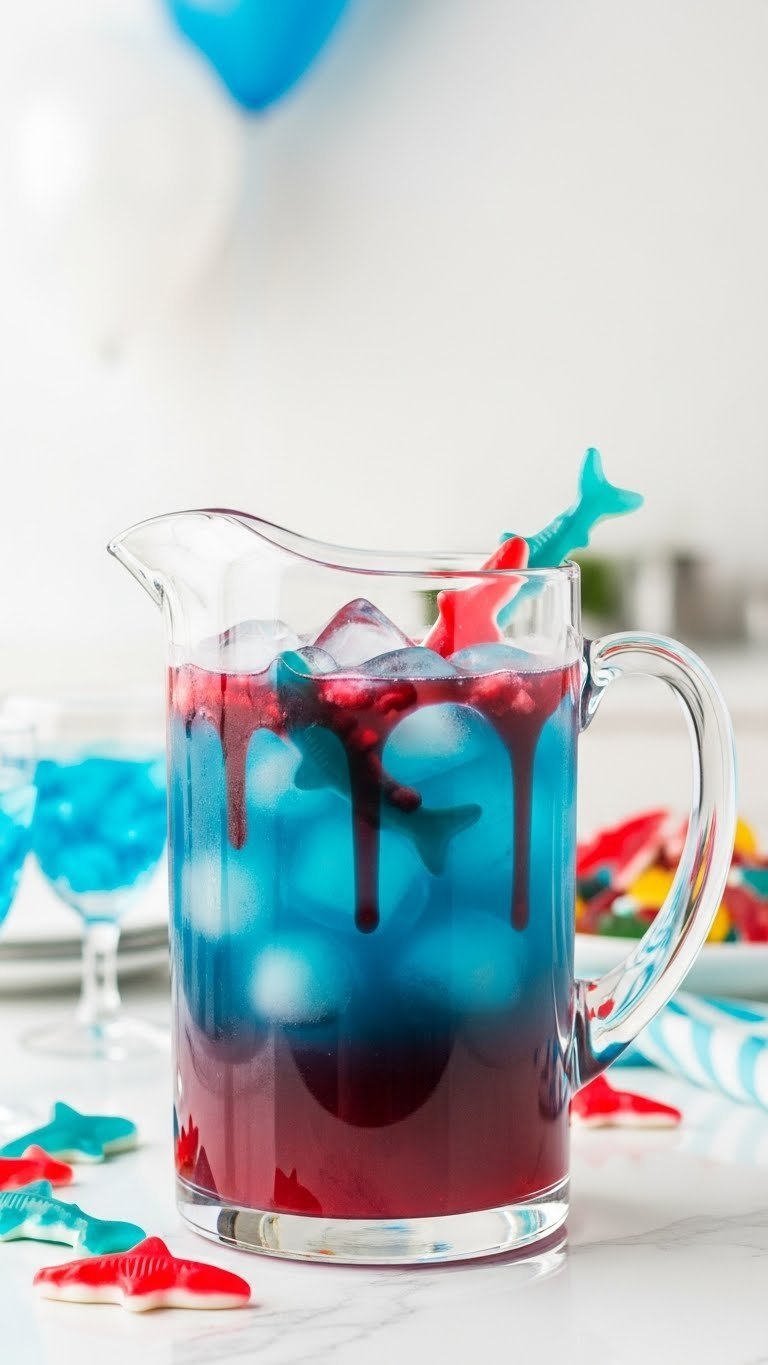 Close-up of vibrant blue punch pitcher with red syrup cascade and gummy sharks floating in ice cubes on white countertop