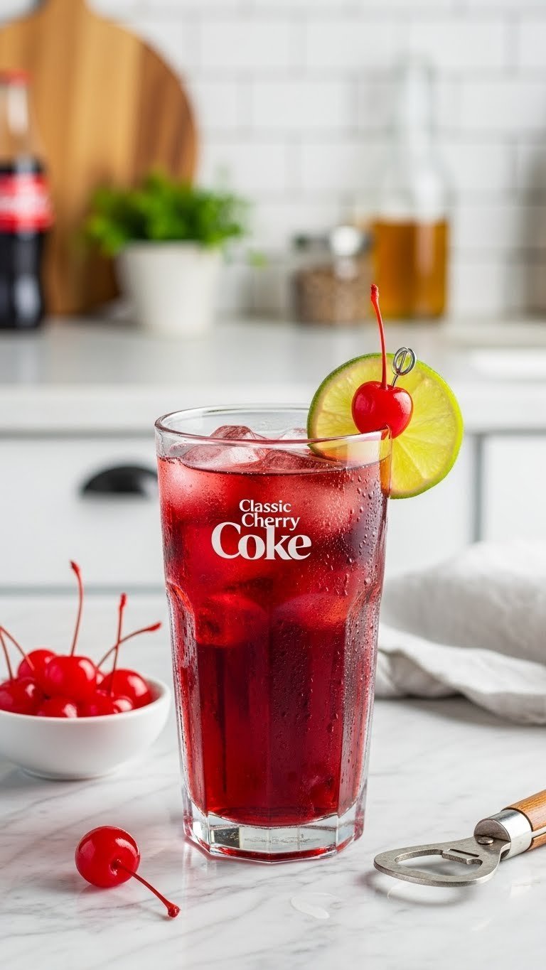 Close-up of vibrant cherry coke in tall glass with maraschino cherries and lime wedge on marble countertop