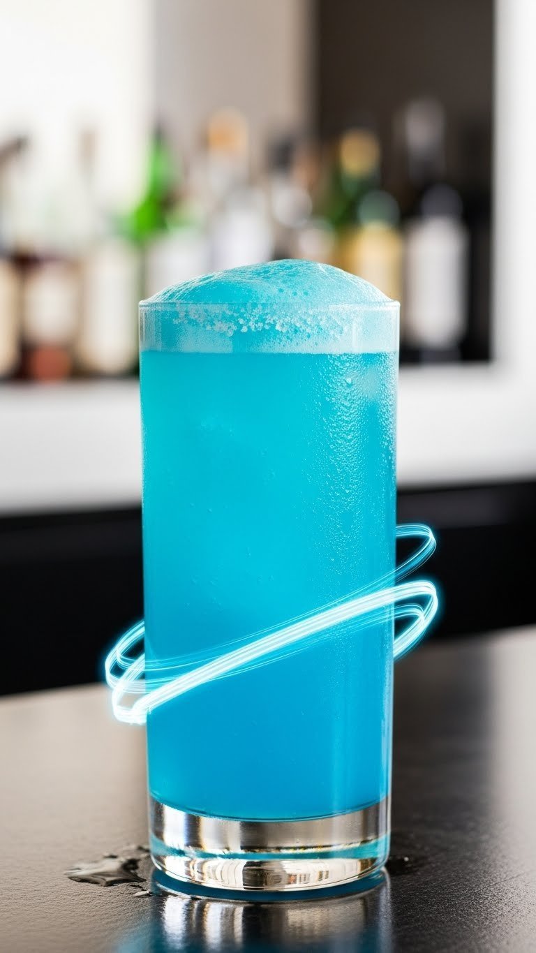 Close-up of vibrant glowing blue Spirit Bomb cocktail in tall glass with effervescent top layer on dark polished surface