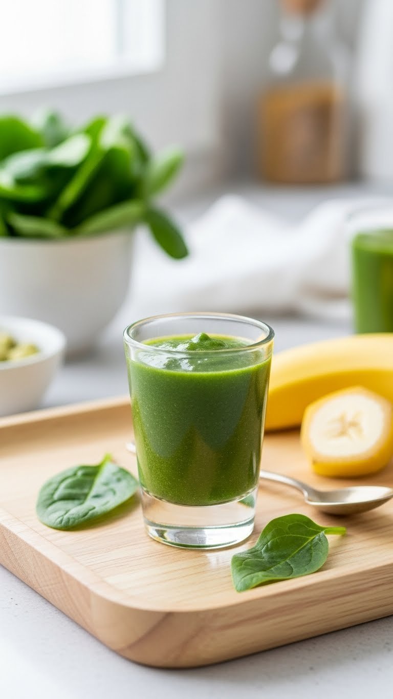 Close-up of vibrant green Senzu Bean Smoothie Shot in clear shot glass with fresh healthy appearance