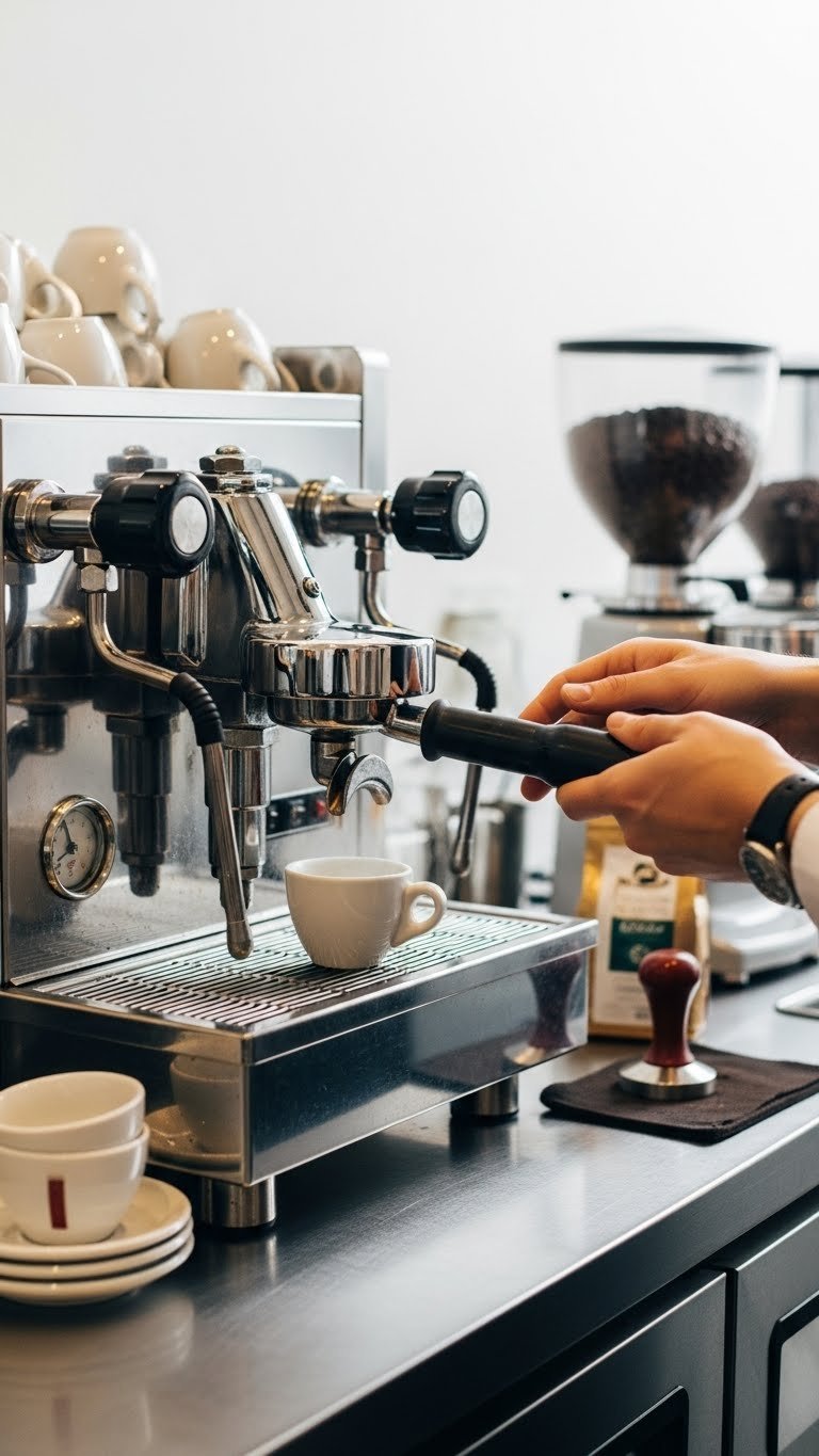 Close-up of vintage Gaggia espresso machine pulling shot into demitasse cup at 1960s coffee bar