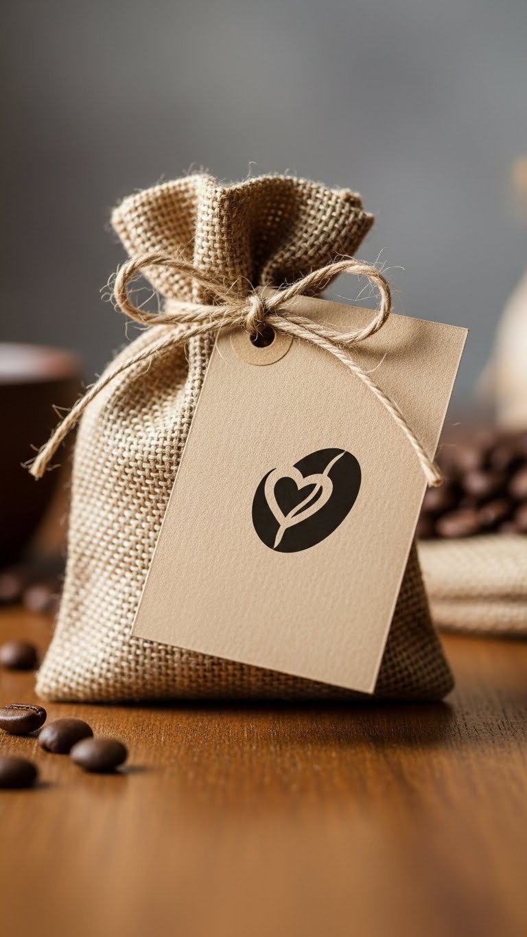 Close-up of wedding coffee favor bag with burlap pouch and heart-shaped coffee bean graphic tag