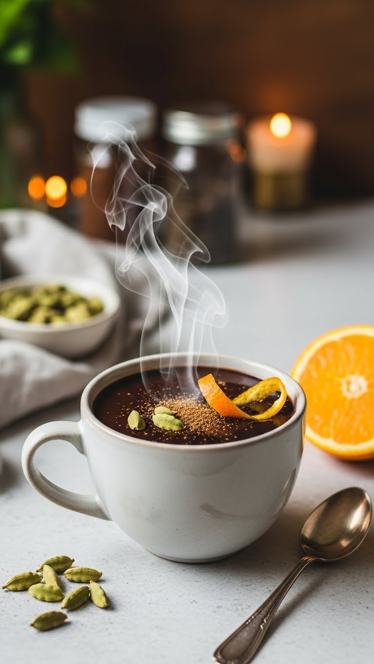 Close-up of zesty orange cardamom spiced hot chocolate with orange peel curl in delicate ceramic mug