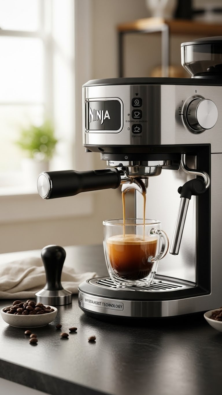 Close-up shot of espresso brewing on Ninja Luxe Cafe Premier with rich crema flowing into glass cup on dark stone countertop