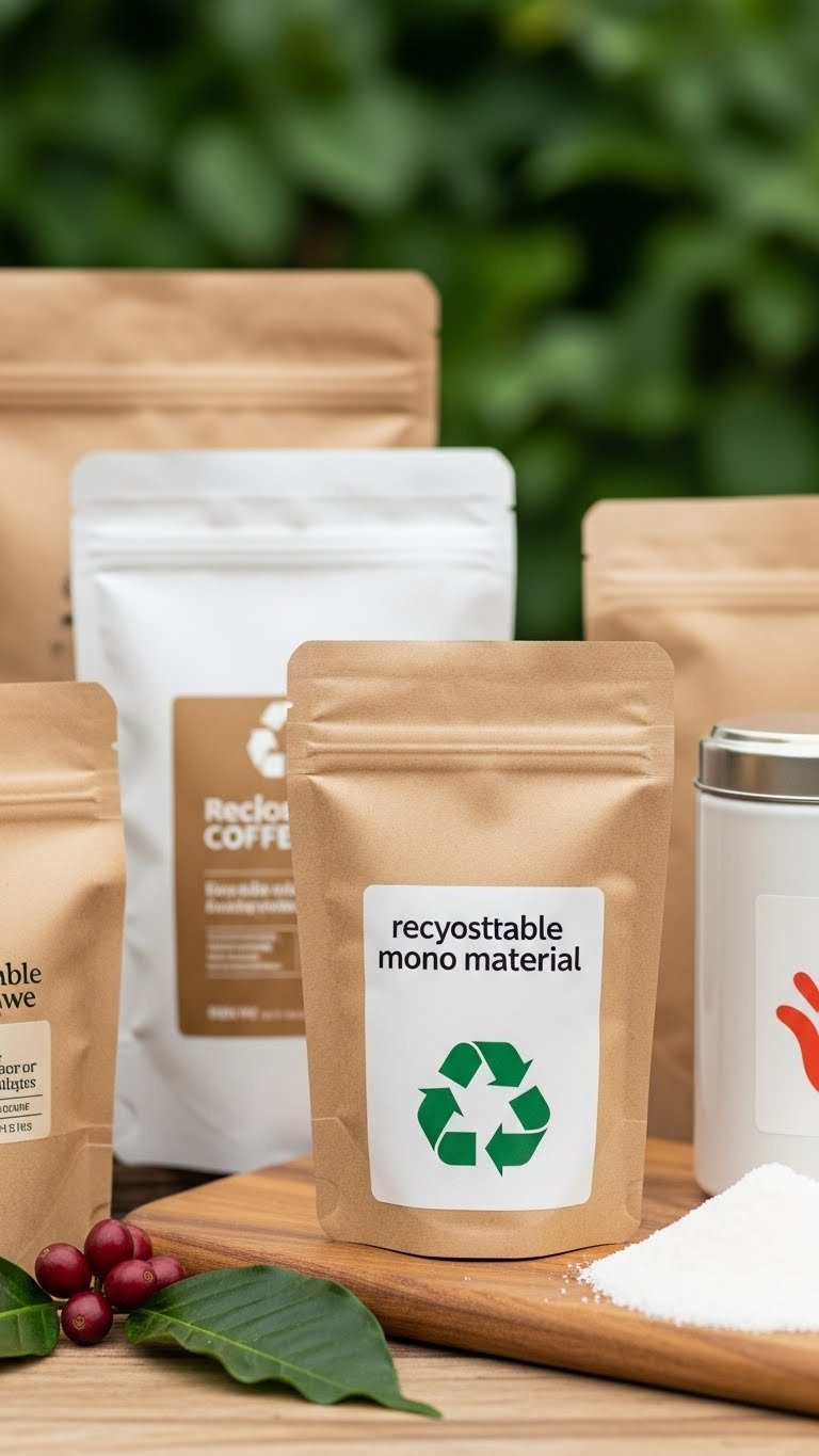Close-up tactile view of sustainable coffee packaging materials including compostable pouches and recyclable bags on natural wood