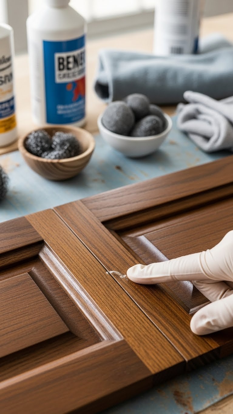 Close-up troubleshooting gel stain flaw on kitchen cabinet door with gloved hand pointing to imperfection