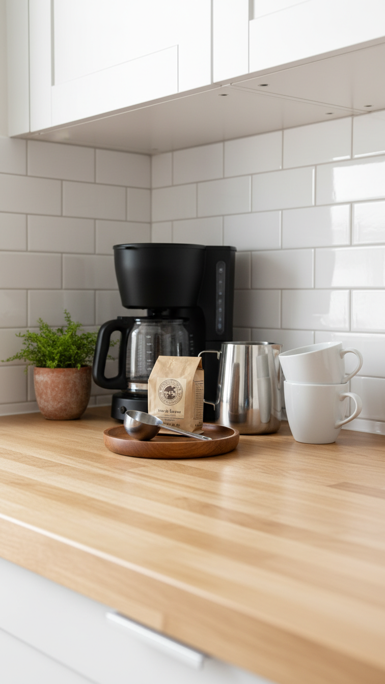 Close-up view of white subway tile backsplash behind sleek black coffee maker with green plant on light wood countertop