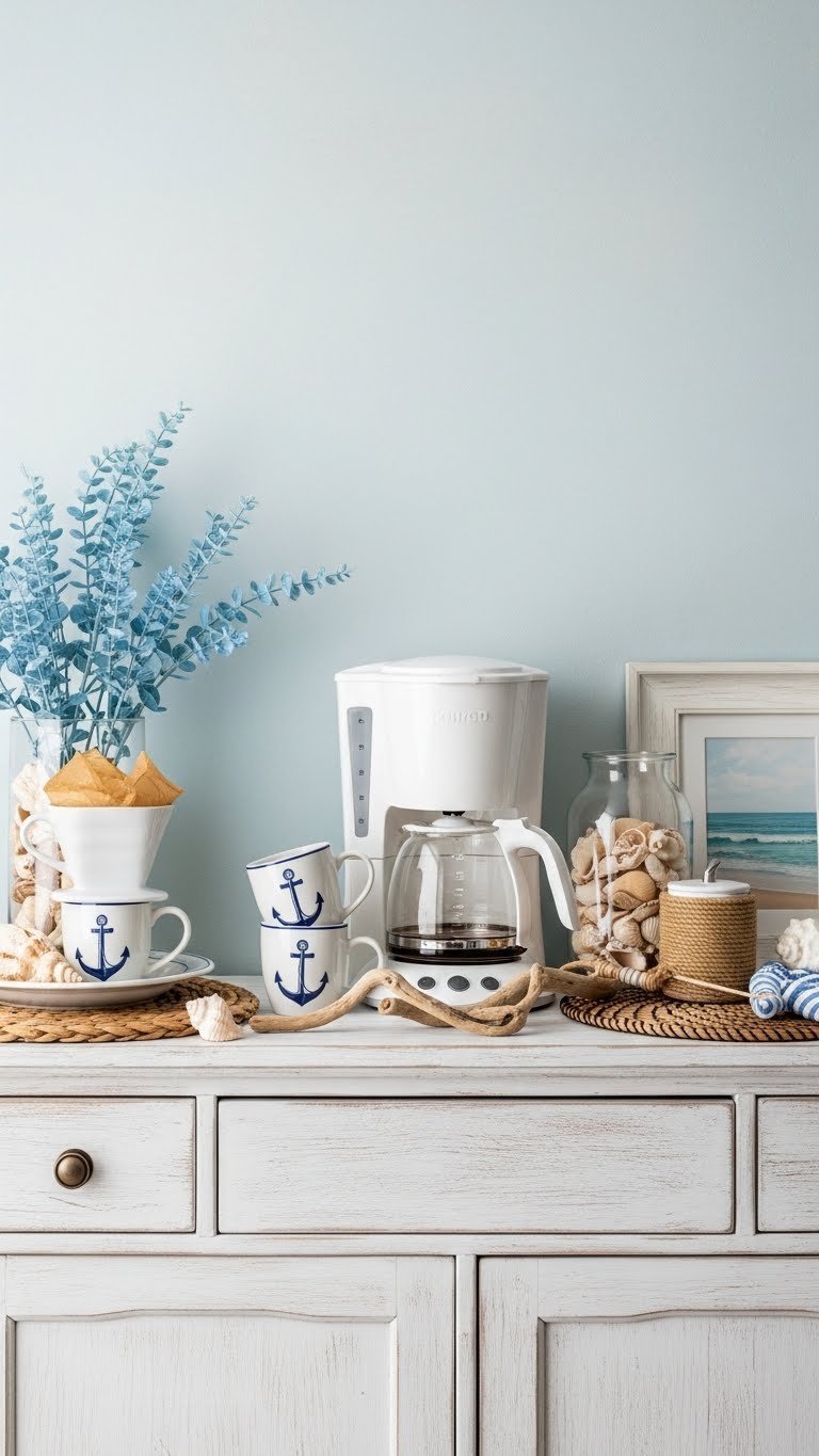 Coastal-inspired coffee setup with distressed blue buffet, white ceramic drip coffee maker, and nautical mugs on whitewashed wooden surface.