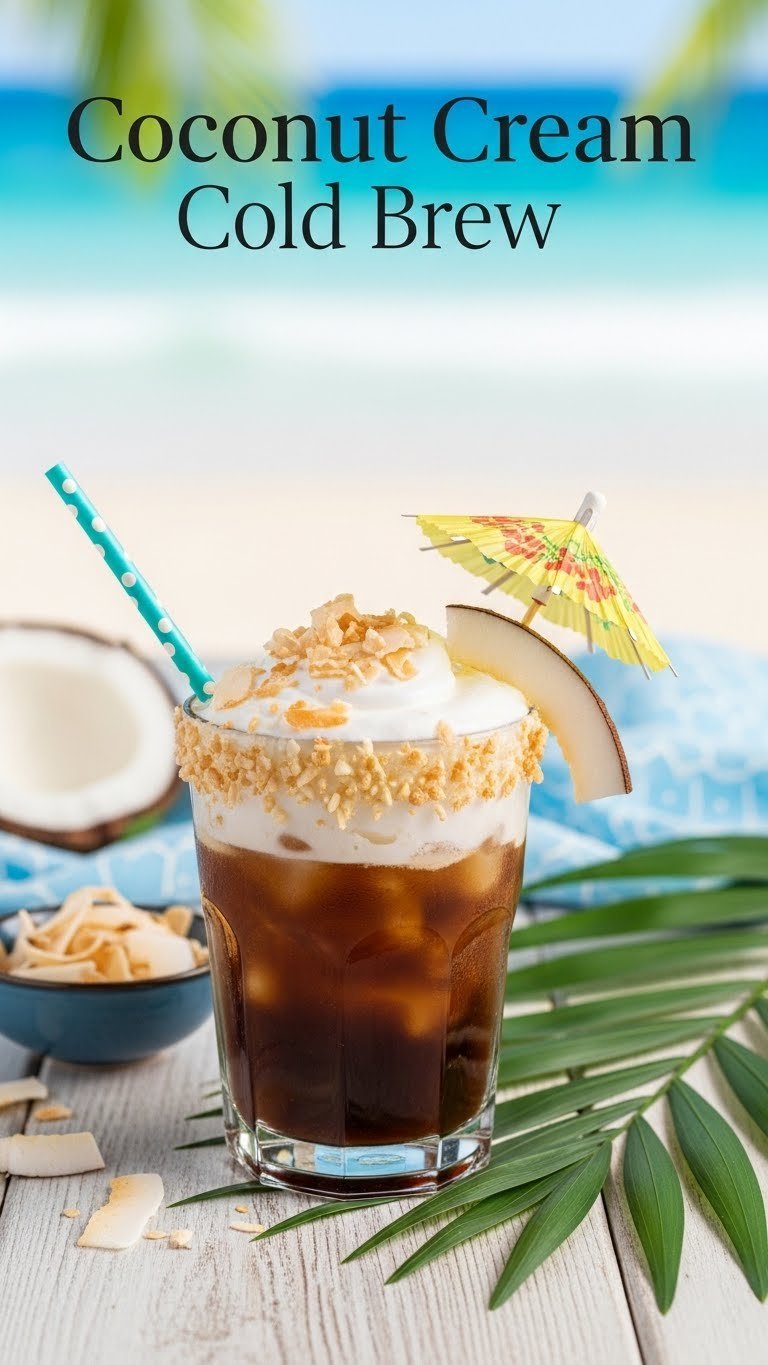 Coconut Cream Cold Brew with frothy cream, toasted flakes, and a mini umbrella on a wooden table, in a tropical setting.