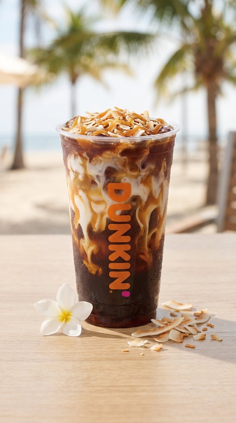 Coconut caramel cold brew with toasted coconut flakes in tropical beach setting