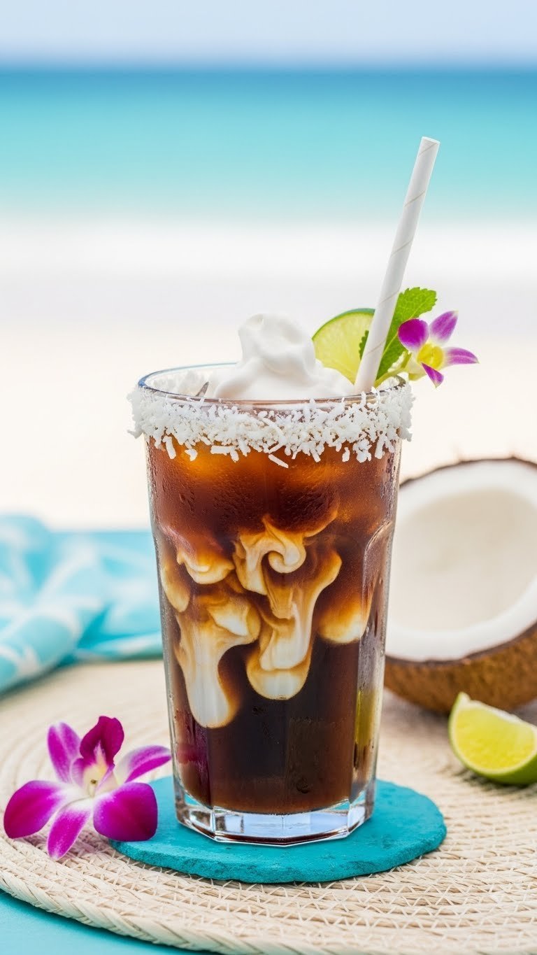 Coconut cream iced coffee with creamy coconut milk swirl and tropical garnish on woven mat.