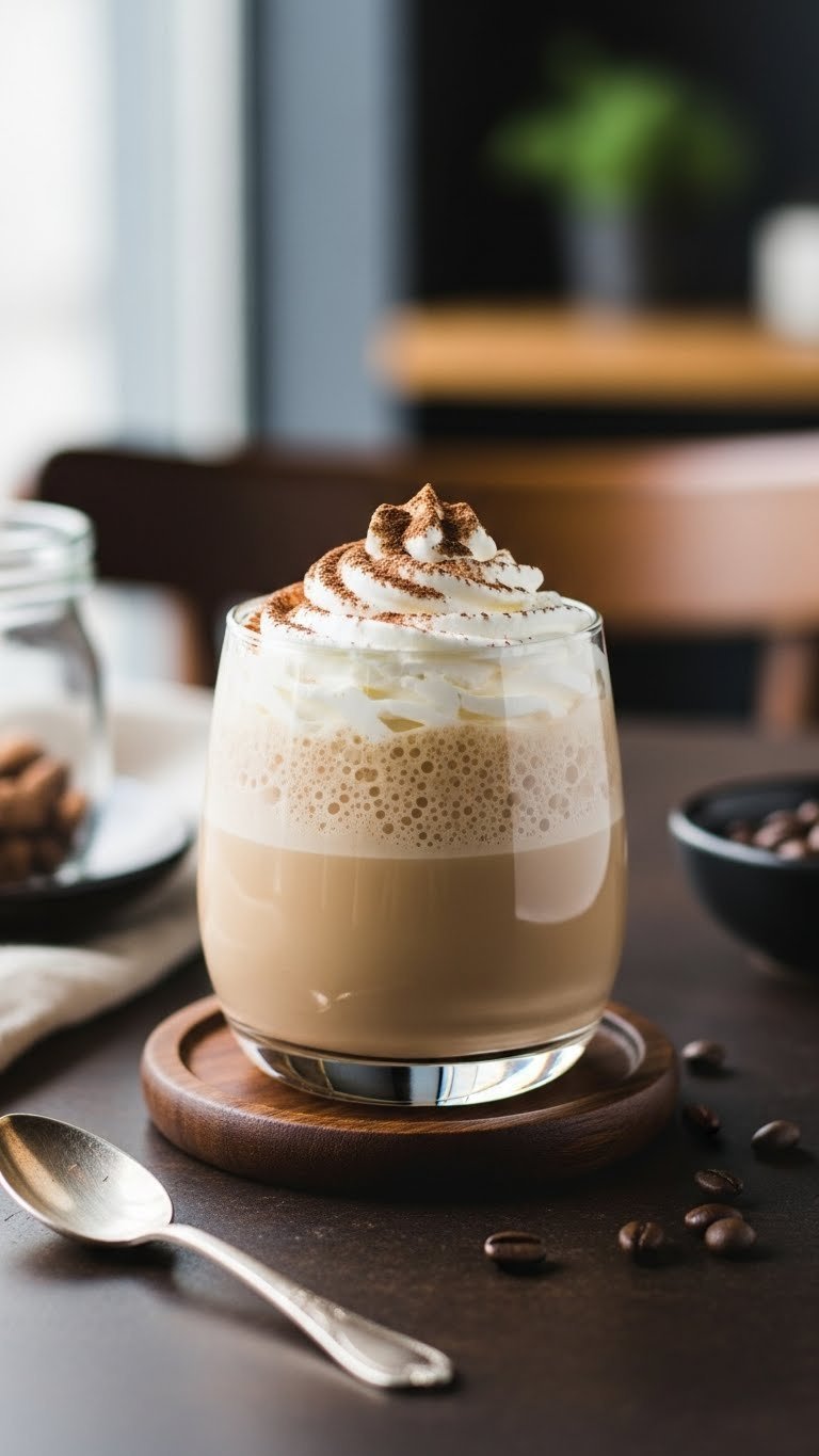 Coffee Liqueur Cloud 9 drink with light brown blended cocktail and cocoa powder dusting